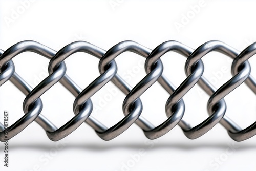 Detailed view of interlocked steel chain links against a white background.