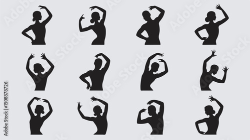 Elegant black silhouettes of dancers in graceful poses depicting movement and ballet on a light background