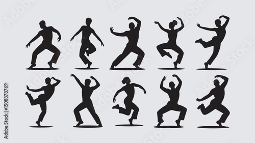 Elegant black silhouettes of people dancing in different styles and dynamic poses on a neutral background