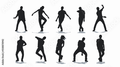 Silhouette collection of dancing people in various poses representing movement and artistic expression isolated on white background