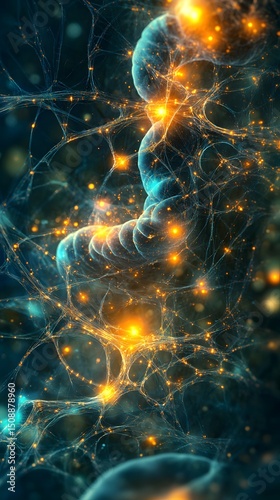 An abstract representation of the nervous system, showcasing glowing pathways and nerve regeneration capsules in a bioluminescent style.