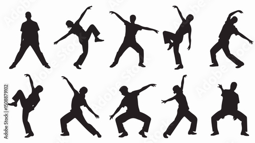 Silhouette illustrations of people dancing showing energetic movement and expressive poses on a white background
