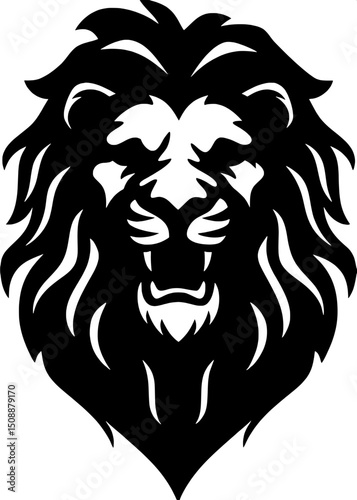 A black and white, stylized illustration of a lion’s head, centered in the frame with a front-on view. The mane is rendered with flowing, sharp linework, and the expression is fierce and regal. The ba
