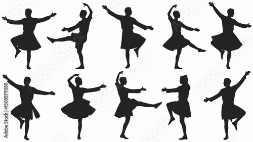 Silhouettes of dancers performing various classical dance poses against a plain white background depicting movement