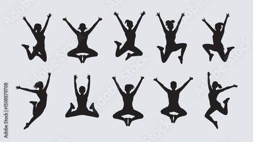 Vector silhouette illustrations of jumping upbeat women with arms raised in joyful celebration of achievement or happiness