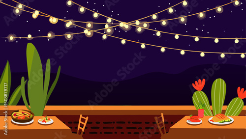 Romantic outdoor dinner with string lights and cacti