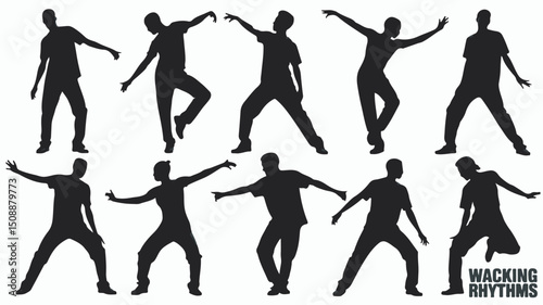 A vector illustration depicting silhouettes of dancers in dynamic wacking poses displaying movement and energy against a white background
