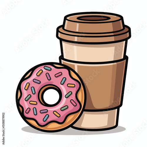 Pink Sprinkled Donut and Coffee To Go Cup Cartoon Illustration