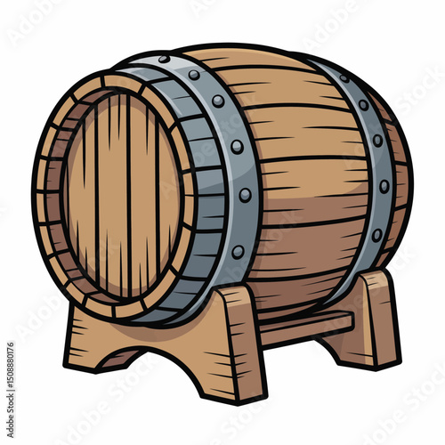 Wooden Wine Barrel on Stand Cartoon Illustration