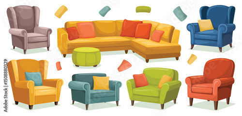 Colorful Armchairs, Sofa, and Ottoman Set for Living Room
