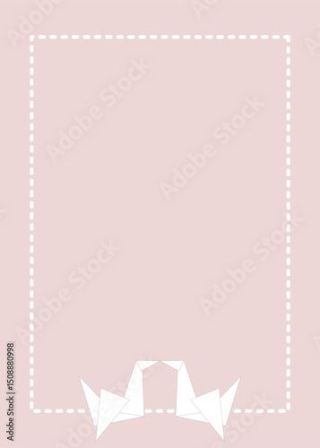 A light pink background a dashed white rectangular border and two white origami swans at the bottom creating a simple and gentle design. Ideal for baby stationery, invitations,a delicate background.