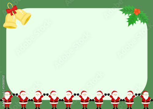 A cheerful Christmas frame with a light green center dark green border golden bells with red bow on top left, holly on top right and playful Santas holding hands along the bottom.