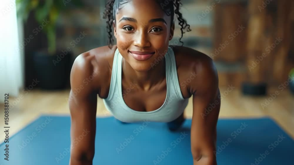 Smiling African American woman exercising in plank position, fitness and health concept, workout. Smiling African American woman exercising in plank position, fitness and health concept, workout.