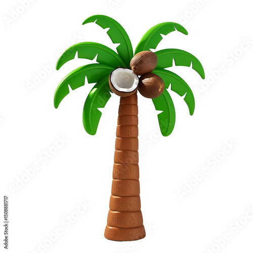 3d palm tree with coconuts on summer beach island icon vector, Jungle weekend vacation trip design. Hawaii nature element with sand, leaf, coconut and exotic plant. Plasticine style summertime minimal