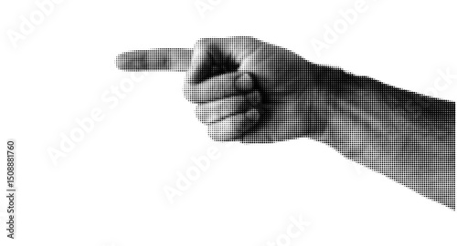Human hand in dotted pop art style pointing to the left. Collage element isolated on transparent background for mixed media, magazine, poster or infographic design
