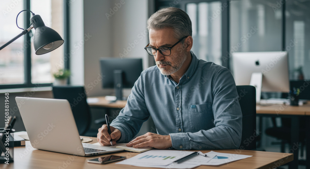 custom made wallpaper toronto digitalFocused Businessman in His 50s Working Diligently, Making Notes at Office Desk, Enhancing Strategy and Growth with Analytical Thinking.