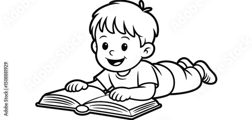Happy Boy Lying Down Reading a Book Coloring Page
