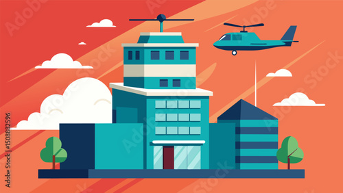A large towering building with a landing pad on the roof where unmanned helicopters come and go delivering vital supplies to its inhabitants.. Vector illustration
