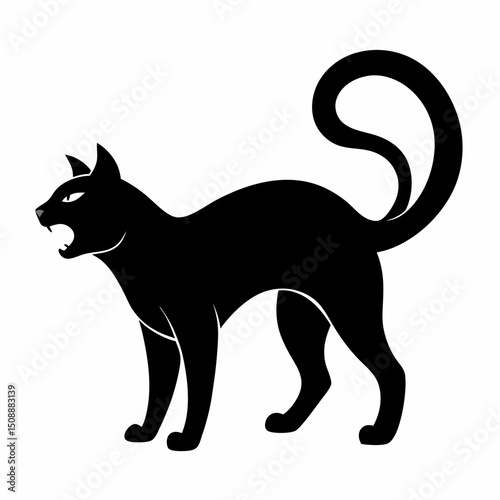 Silhouette of a hissing cat with an arched back and raised fur a defensive posture perfect for animal or Halloween designs