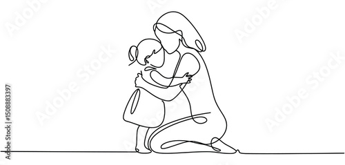 Mother Kneeling and Hugging Her Daughter One Line Drawing