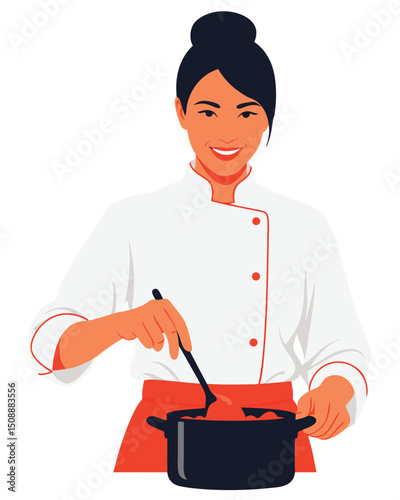 Happy Female Chef Cooking in a Kitchen Embracing Culinary Arts with a Professional Touch