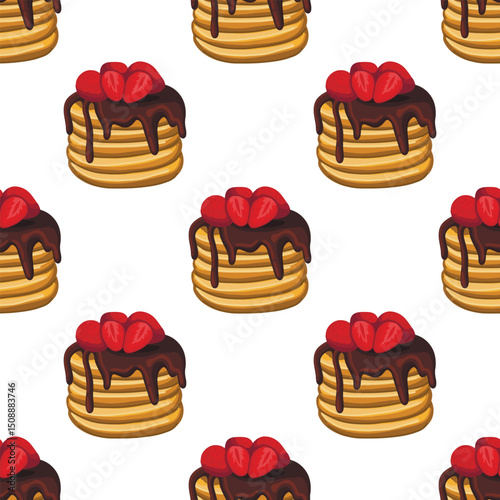 Golden brown pancakes stack topped with fresh raspberry. Seamless pattern isolated on white background