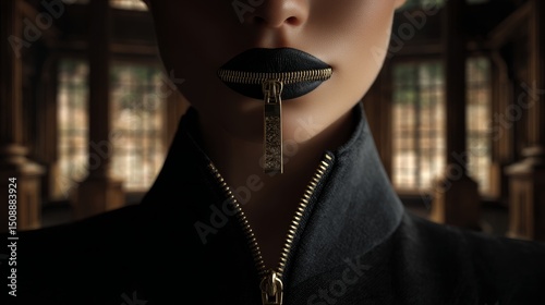 A woman with a zipper across her lips, standing in front of a courtroom. Concept of silenced truth.