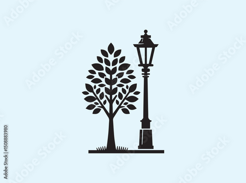 Urban Street Lamp with Leafy Tree on Sidewalk