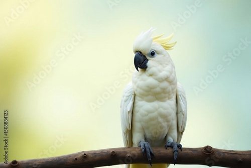 Fluffy white cockatoo perched on branch, playful pose, charming, feather, avian