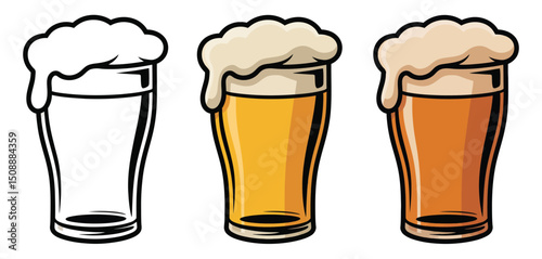 Three illustrations of a pint glass of beer