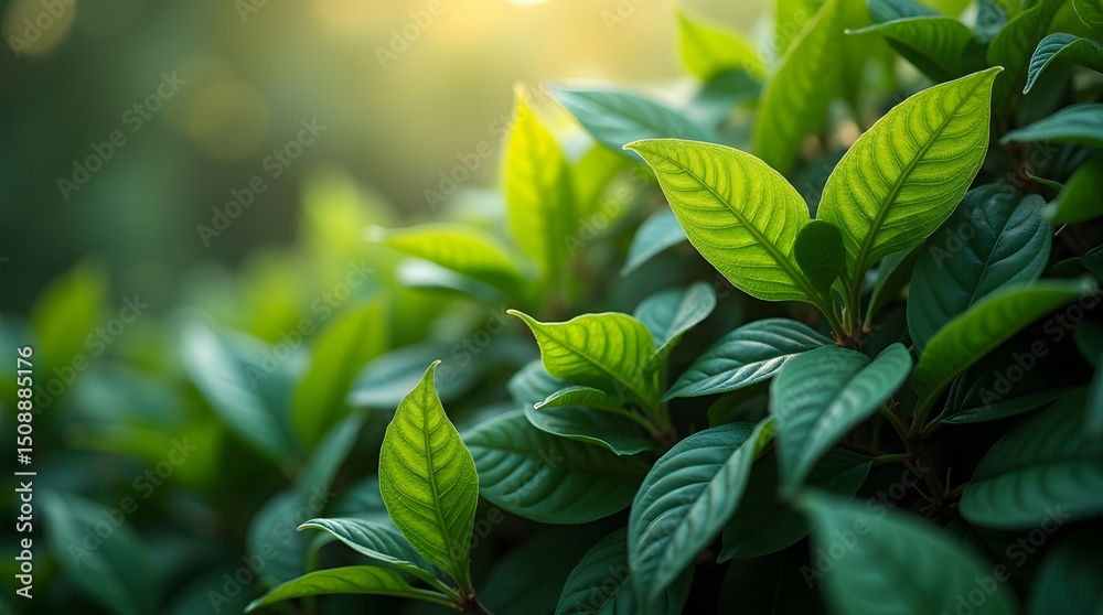Obraz premium Lush green leaves of Kratom, Lawsonia inermis, and Ophiorrhiza, bathed in soft sunlight. Ideal for showcasing natural remedies, herbal medicine, and Southeast Asian flora.