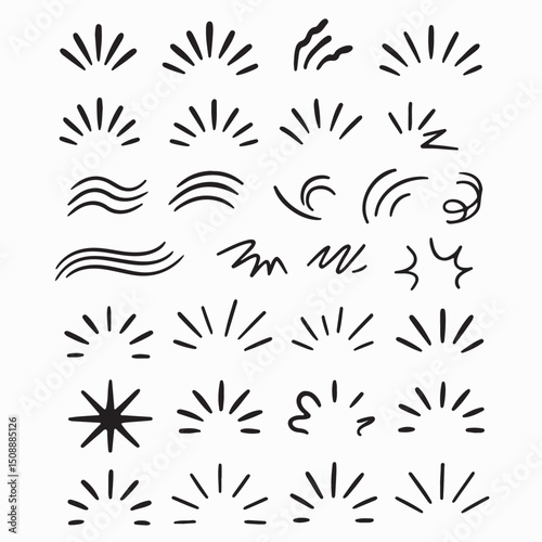 Comic line sparkle and movement elements set. black ink motion accents, burst effects, and dynamic hand drawn stroke symbols perfect for manga, cartoon, or pop art vector illustration projects