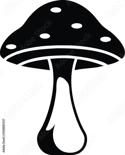Single amanita mushroom with spots and a shapely stalk stands outlined against a plain backdrop