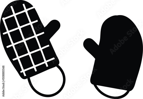 Two black gloves, one with a grid pattern, are isolated against a transparent backdrop