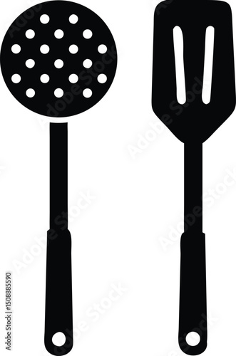 Black silhouette of slotted spoon and flipper suggests simple kitchen tools on white