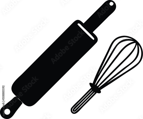 Rolling pin and whisk kitchen tool icons are placed diagonally on a transparent background