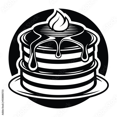 Monochrome cake on a plate has frosting with a droplet topping inside dark circle