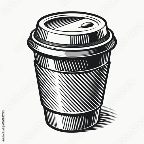 Black and white monochrome coffee cup sketch showcases detailed line art and textured sleeve