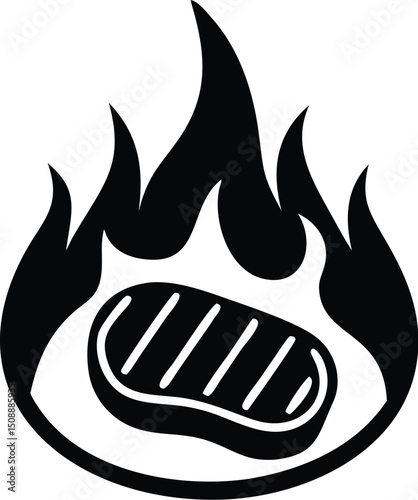 Black silhouette shows meat with grill marks engulfed in flames on a white background