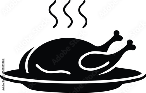 Steaming whole roasted chicken is presented on a platter in a black silhouette