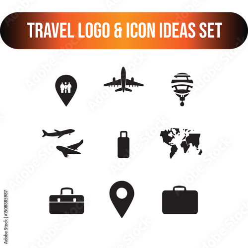 Travel icons and logo Set, map, location pin, airplane, suitcase, globe, hotel , icons and logo