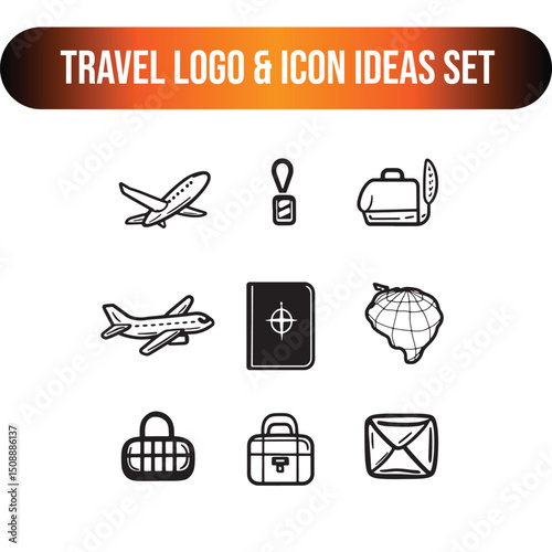 Travel icons and logo Set, map, location pin, airplane, suitcase, globe, hotel , icons and logo