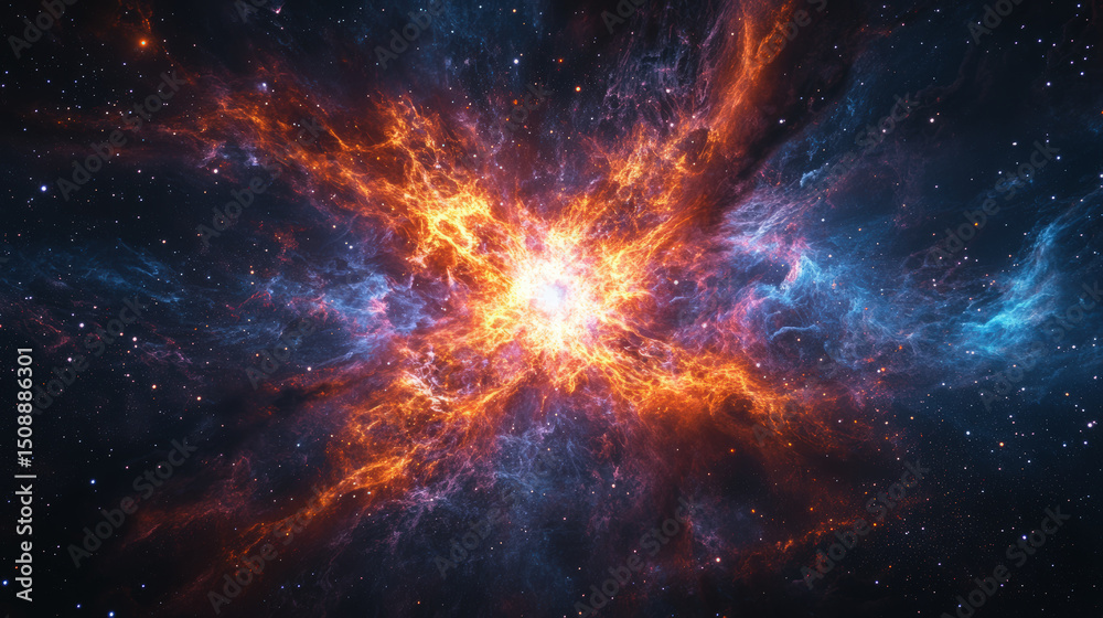 Obraz premium Fiery Supernova Explosion in Space. A beautiful view of a supernova explosion, with vibrant colors and intricate details, captured in deep space.