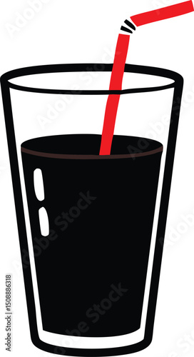 Dark refreshing soda drink with red striped straw inside a clean glass is illustrated