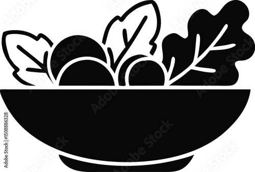A black silhouette shows a bowl containing several balls and leaves in transparent backdrop