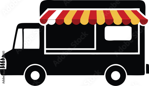 Black food truck icon has red and yellow awning against a white background