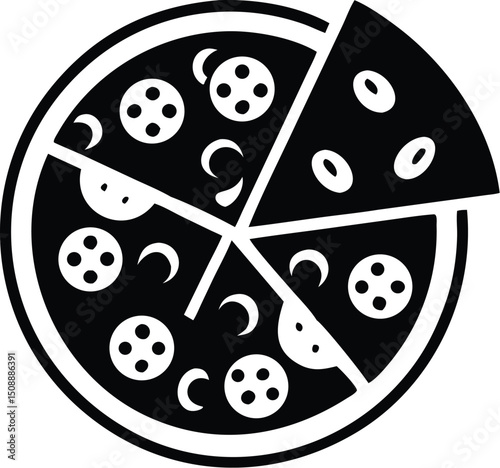 Monochrome pizza silhouette shows a slice missing, highlighting the simple food concept with transparency