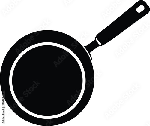 Frying pan presented with a top view displays its sleek, black silhouette against transparency