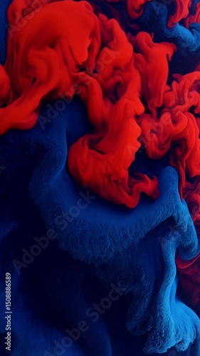 Vibrant red and blue paint flows mix creating dynamic abstract fluid patterns with swirling motion against dark background in artistic composition