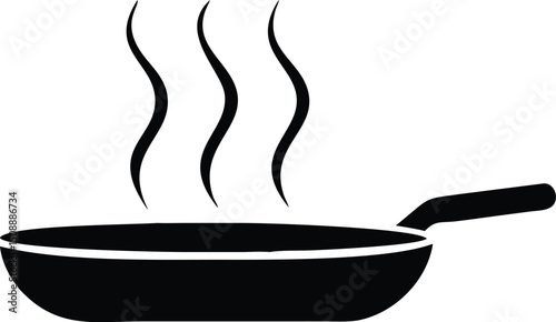 Black frying pan emits steam from the food while being isolated against white